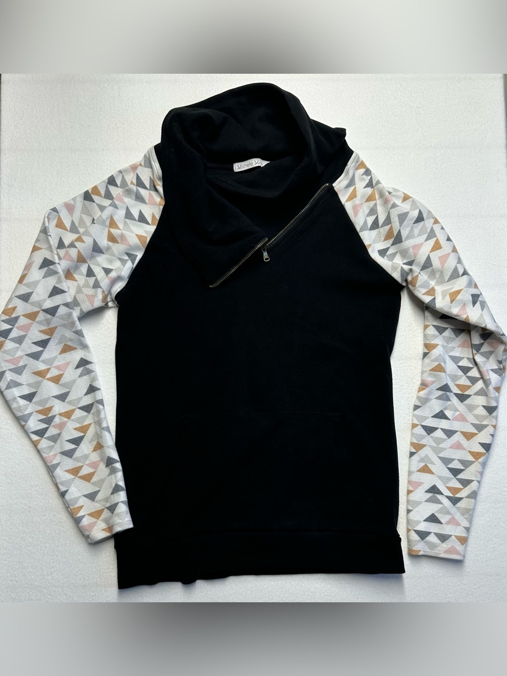 Michelle Mae Geometric Sleeve Hoodie Women’s Small Black Asymmetrical Zip Top